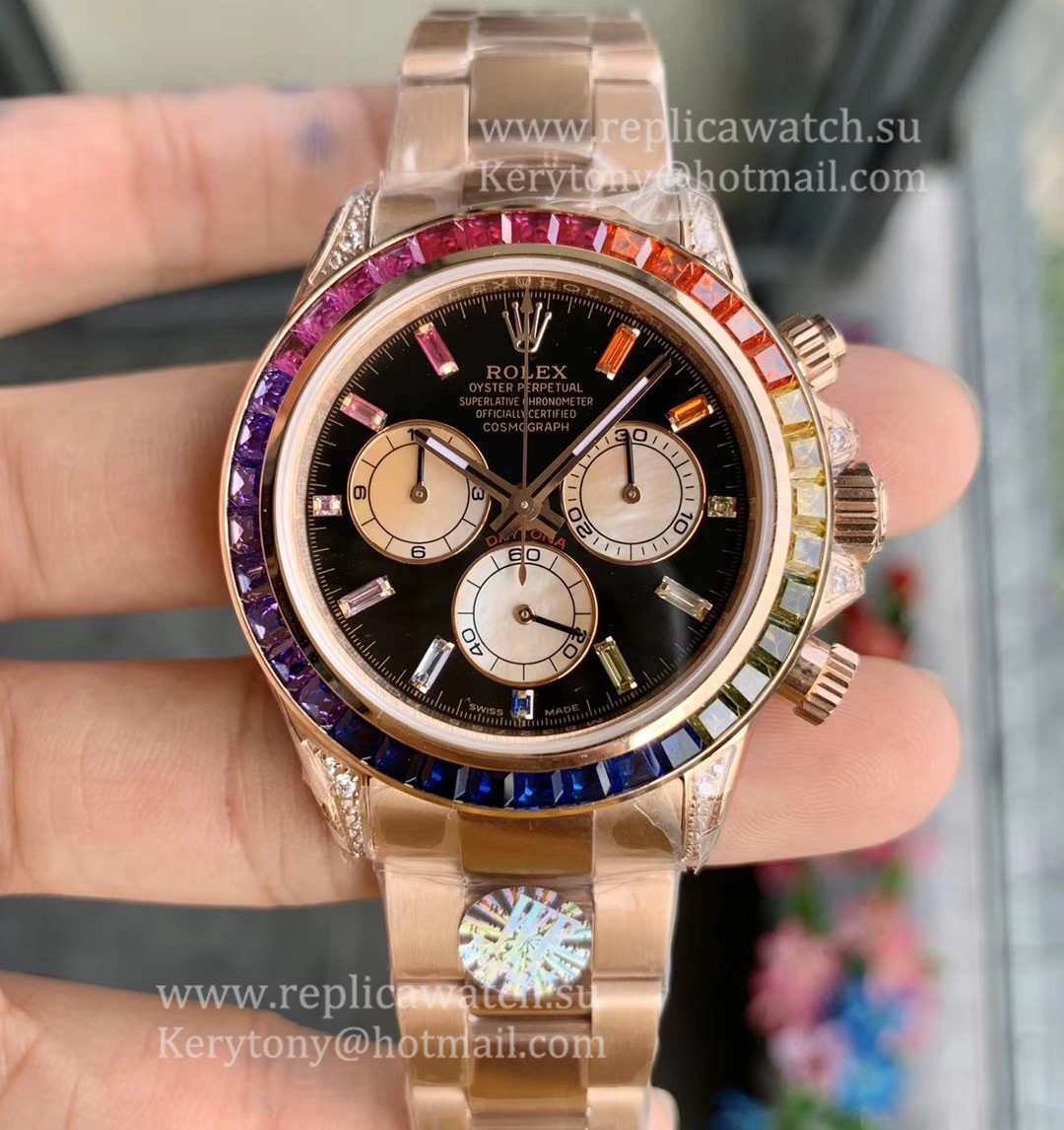 Perfect Replica R01ex Daytona Rainbow 116595 RBOW WF Rose Gold Black Dial 7750