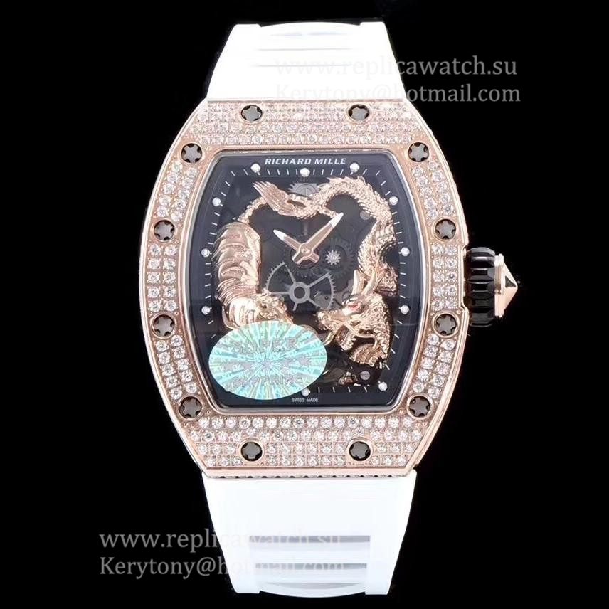Fake Richard Mille RM051-01 Tourbillon Tiger & Dragon Michelle Yeoh  KVF Rose Gold & D1am0nds Skeleton Dial M8215