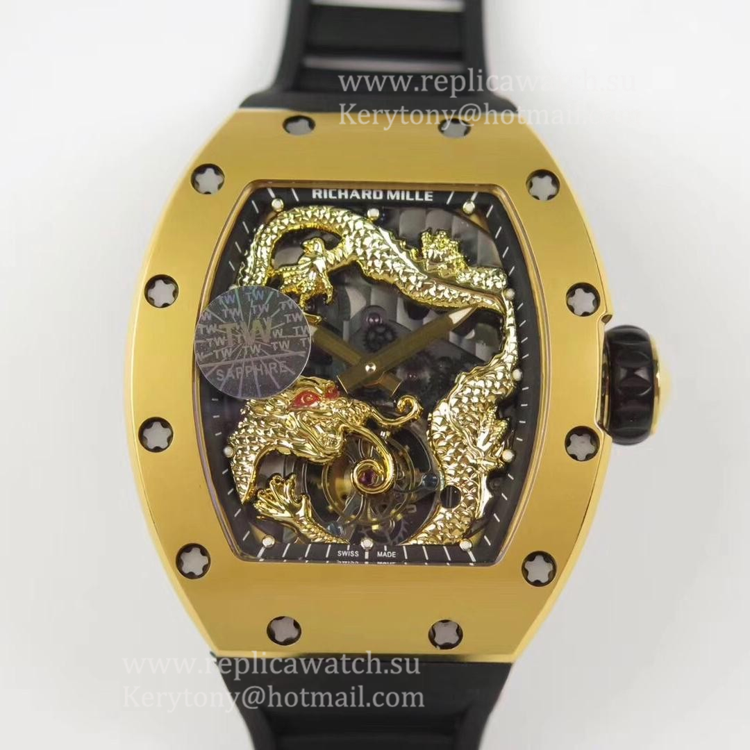 Fake Richard Mille RM057 Tourbillon Dragon  Jackie Chan TWF Yellow Gold Black & Yellow Gold Skeleton Dial  Tourbillon