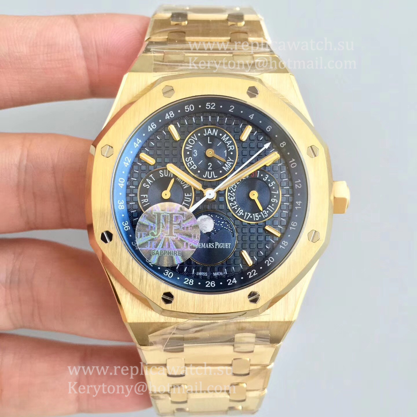Fake Audemars P1g*et Royal Oak Perpetual Calendar 41mm 26574BA.OO.1220BA.01 JF Yellow Gold Blue Dial 5134
