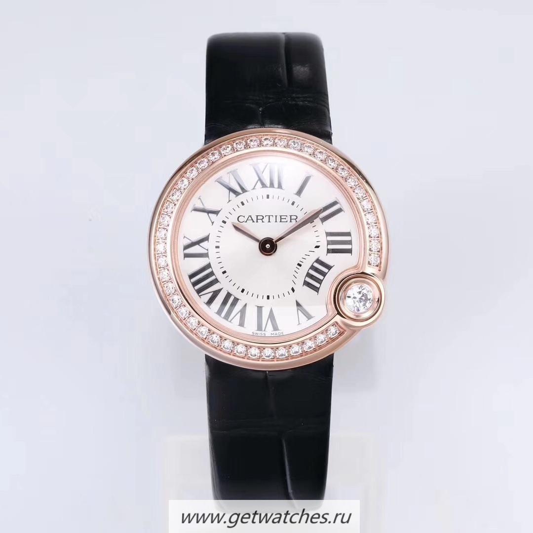 Perfect Replica Ca*t1er Ballon Blanc 30mm WJBL0005 PF Rose Gold & D1am0nds Silver Dial Ronda Quartz