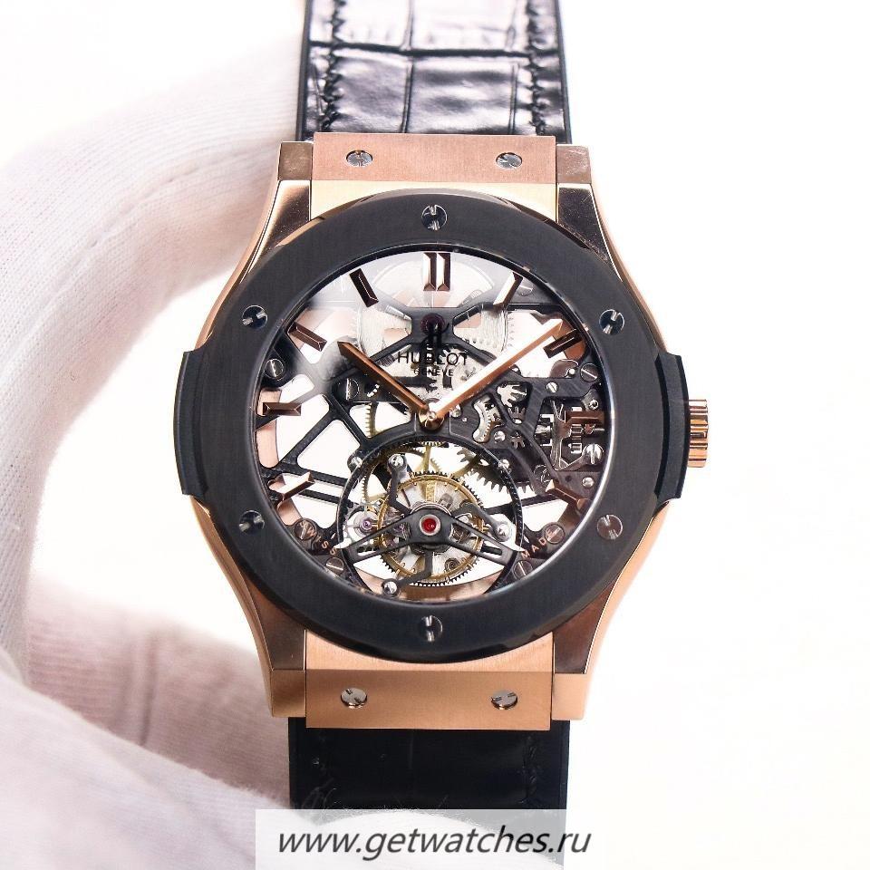 Fake Hublot Classic Fusion Tourbillon JBF Rose Gold & Ceramic Black Dial HUB6010