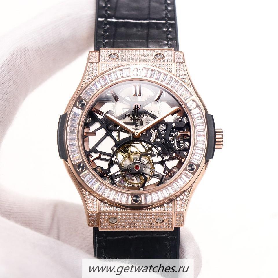Replica Hublot Classic Fusion Tourbillon JBF Rose Gold & D1am0nd Black Dial HUB6010