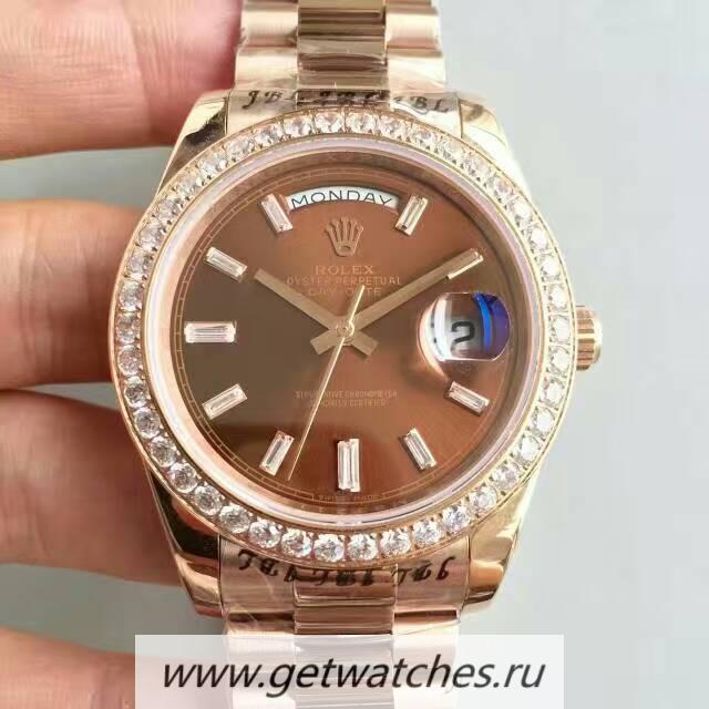 Copy R01ex Day-Date 40 228235 40mm KWF Rose Gold & D1am0nds Chocolate Dial 3255