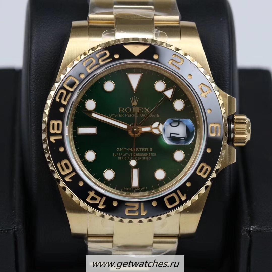 Fake R01ex GMT-Master II 116718 LN GMF V2 Yellow Gold Green Dial 2836