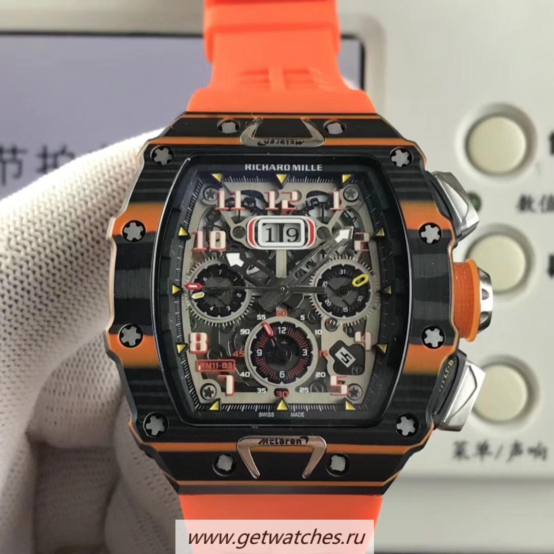Shop Richard Mille RM011-03 McLaren Automatic Flyback Chrono KVF Black & Orange Forged Carbon Skeleton Dial 7750