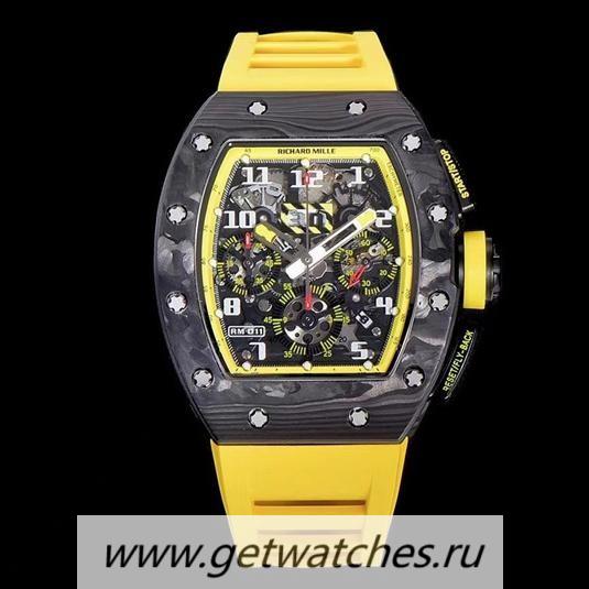 Fake Richard Mille RM011 Chrono KVF NTPT Yellow Dial Yellow Rubber Strap 7750