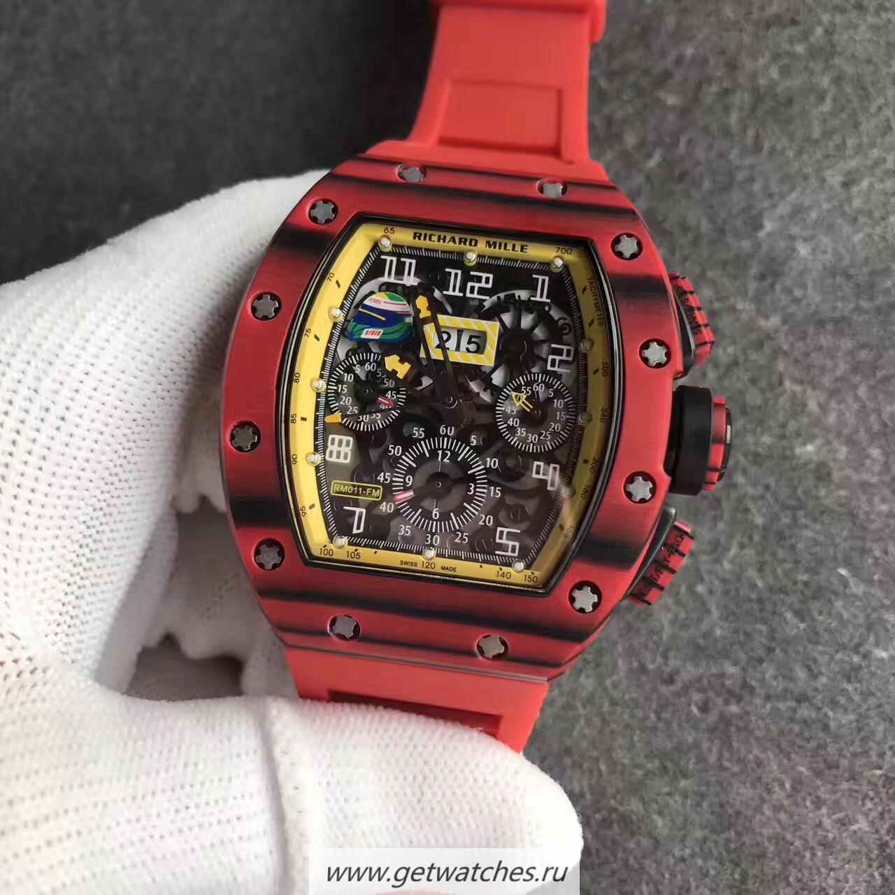 Replica Richard Mille RM011 Red QTPT Flyback Chrono KVF Red Forged Carbon Yellow Skeleton Dial 7750