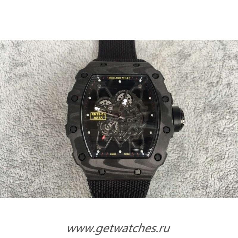 Copy Richard Mille RM35-01 Rafael Nadal Forged Carbon Skeleton Black Dial Black Nylon Strap M9015