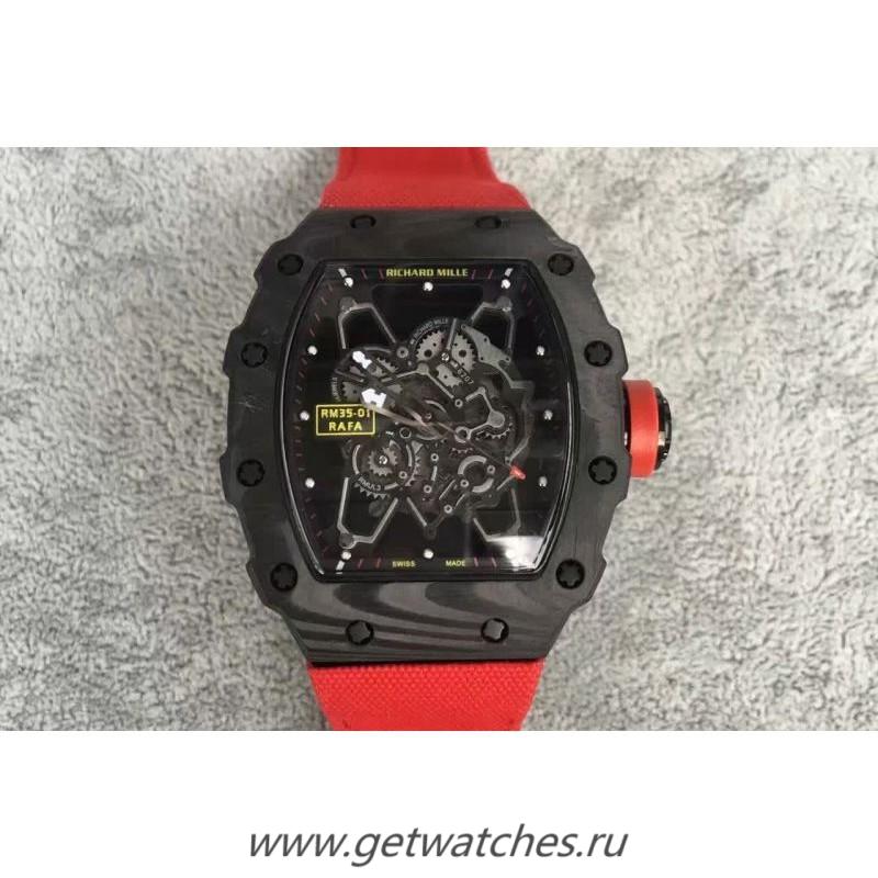 High Quality Richard Mille RM35-01 Rafael Nadal Forged Carbon Skeleton Black Dial Red Nylon Strap M9015