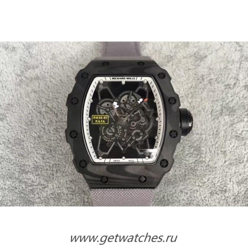 Shop Richard Mille RM35-01 Rafael Nadal Forged Carbon Skeleton White Dial Gray Nylon Strap M9015