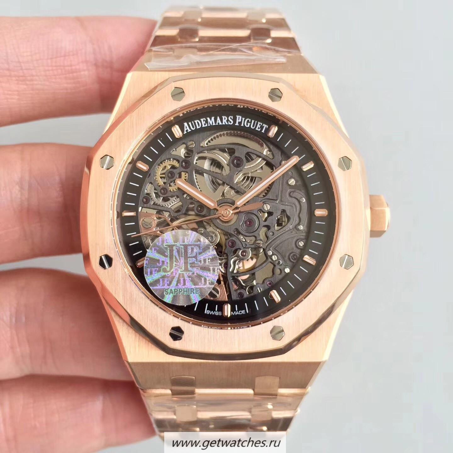 Copy Audemars P1g*et Royal Oak Double Balance Wheel Openworked 15407 JF Rose Gold Black Skeleton Dial 3132
