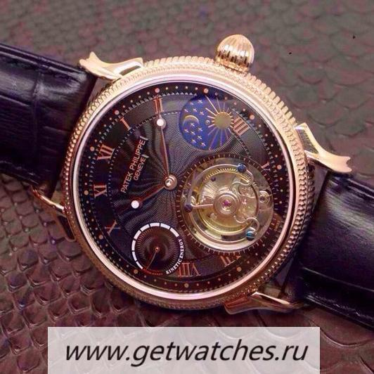 Copy Pat*k Phi1i*pe Tourbillon Moonphase Power Reserve Rose Gold Black Dial Tourbillon