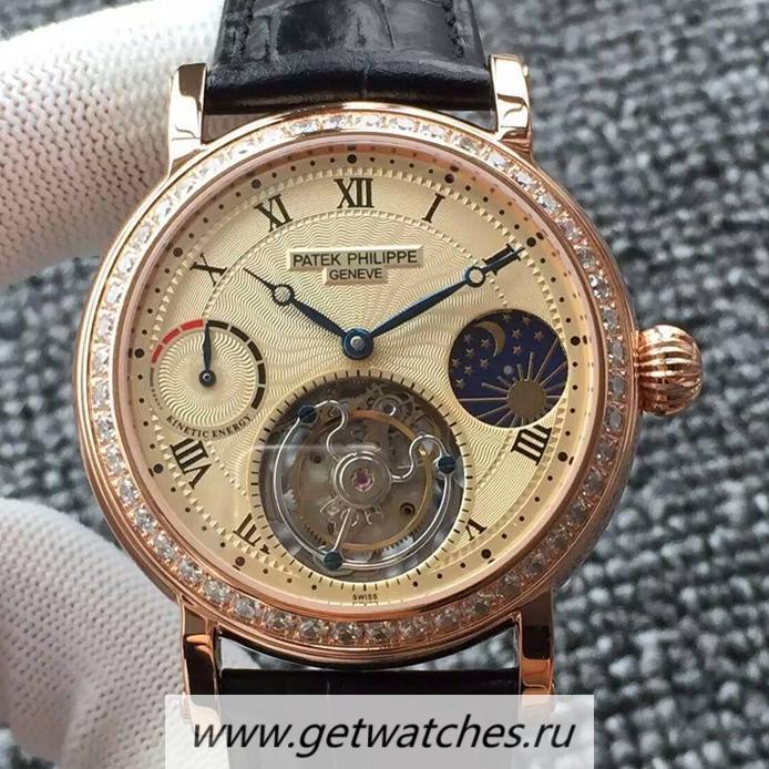 NEW Replica Pat*k Phi1i*pe Tourbillon Moonphase Power Reserve Rose Gold & D1am0nds Gold Dial Tourbillon