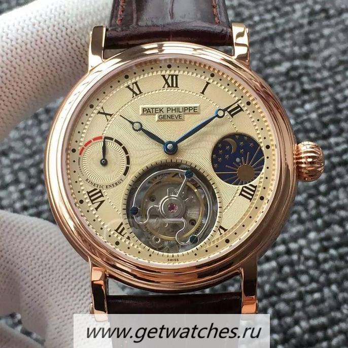 Shop Pat*k Phi1i*pe Tourbillon Moonphase Power Reserve Rose Gold Gold Dial Tourbillon