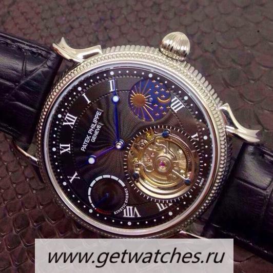 Perfect Replica Pat*k Phi1i*pe Tourbillon Moonphase Power Reserve SS Black Dial Tourbillon